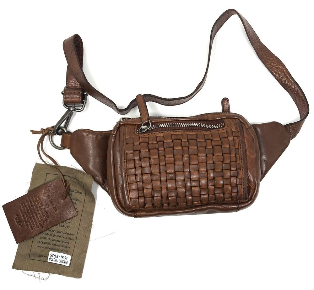 Vilenca Holland Woven Leather Belt Bag Fanny Hip Sack Pack Xbody Brown COGNAC